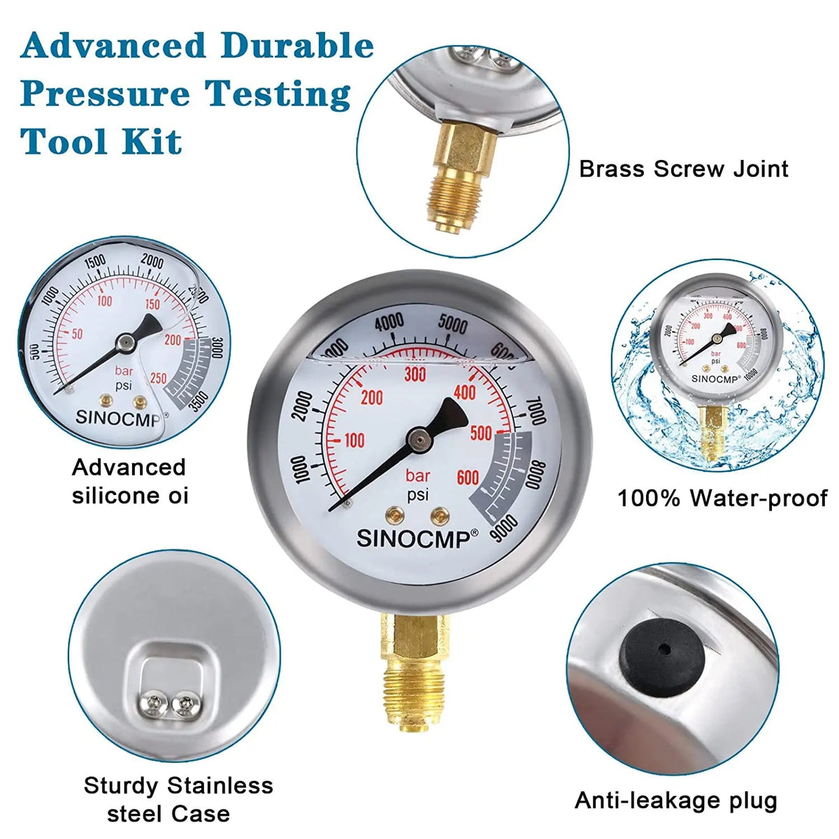 3-Gauge Hydraulic Pressure Test Kit 25/40/60 MPa with 11 Couplings and Silver Al - image 6