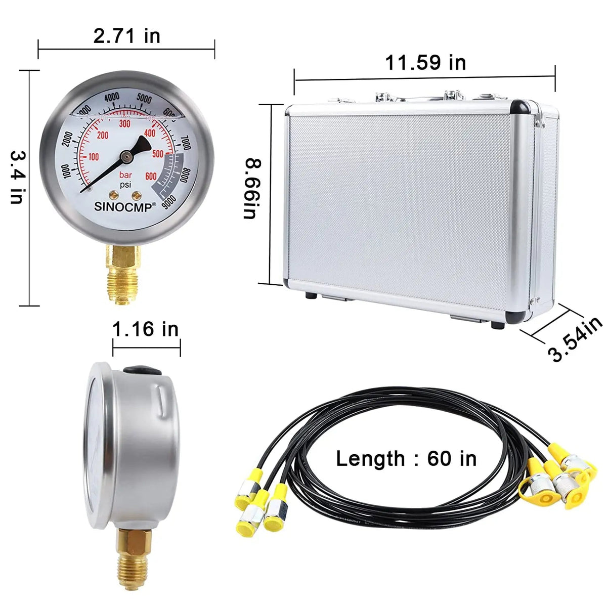 3-Gauge Hydraulic Pressure Test Kit 25/40/60 MPa with 11 Couplings and Silver Al - image 7
