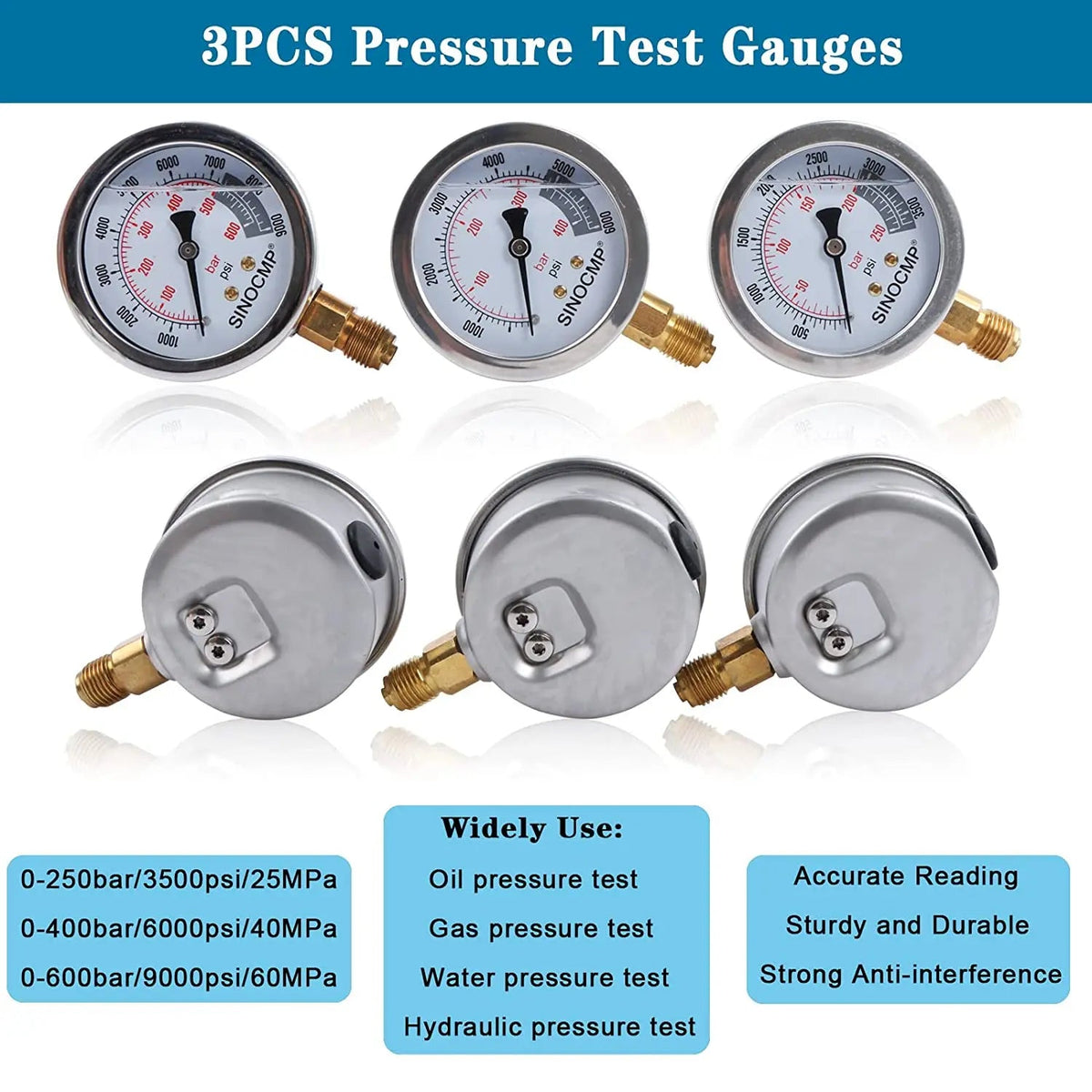 3-Gauge Hydraulic Pressure Test Kit 25/40/60 MPa with 11 Couplings and Silver Al - image 9
