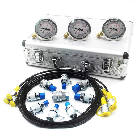 3-Gauge Hydraulic Pressure Test Kit 25/40/60 MPa with 11 Couplings and Silver Aluminum Cas