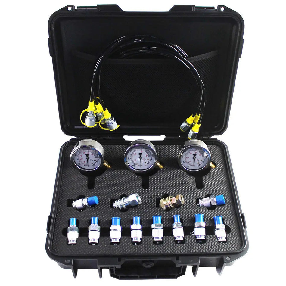 3-Gauge Hydraulic Pressure Test Kit 25/40/60 MPa with 12 Couplings and 3 Test Hoses 163 cm