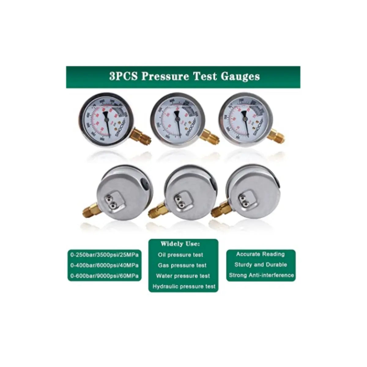 3-Gauge Hydraulic Pressure Test Kit 25/40/60 MPa with 6 Couplings, 3 Hoses and C - image 2