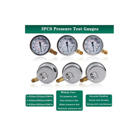 3-Gauge Hydraulic Pressure Test Kit 25/40/60 MPa with 6 Couplings, 3 Hoses and C - image 2