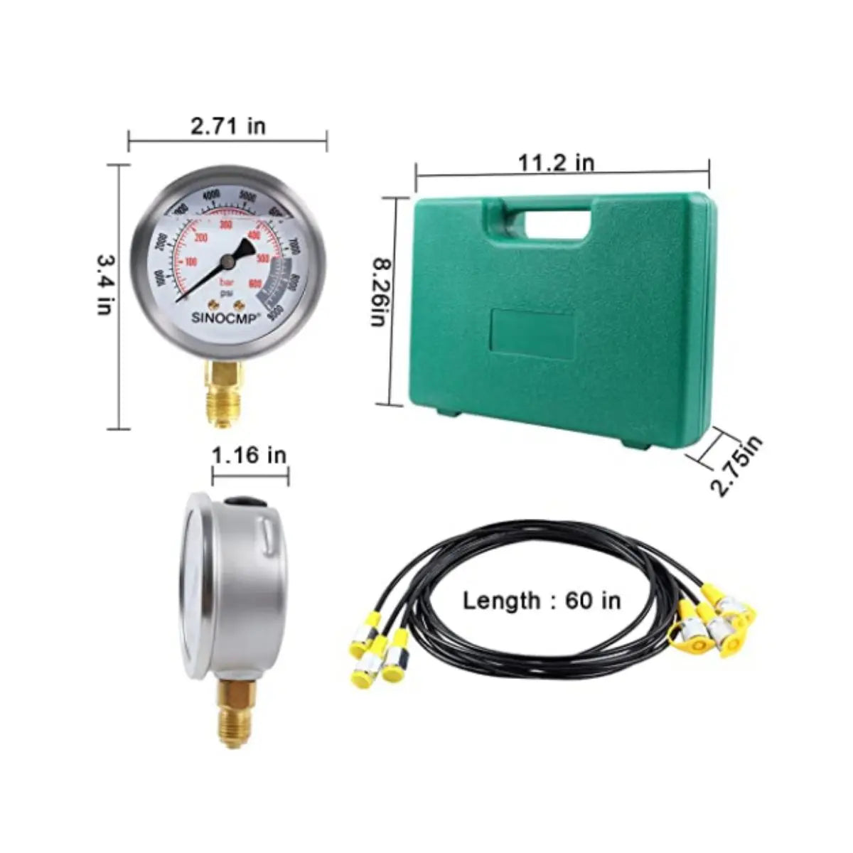 3-Gauge Hydraulic Pressure Test Kit 25/40/60 MPa with 6 Couplings, 3 Hoses and C - image 4