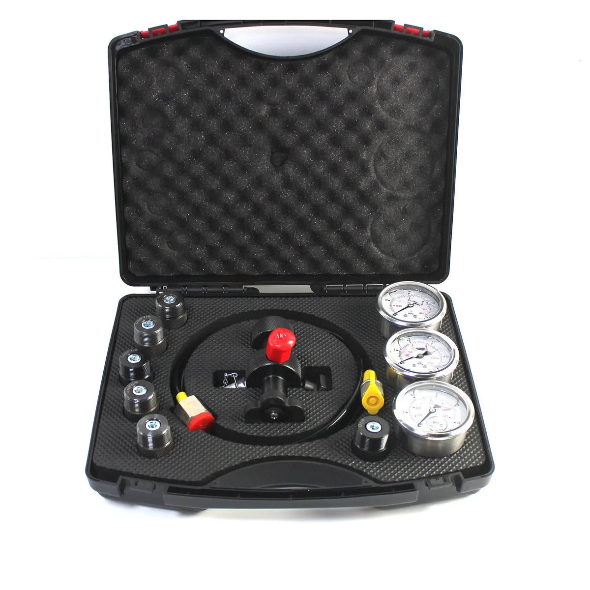 3-Gauge Hydraulic Nitrogen Accumulator Charging and Pressure Test Kit with 7 Couplings and